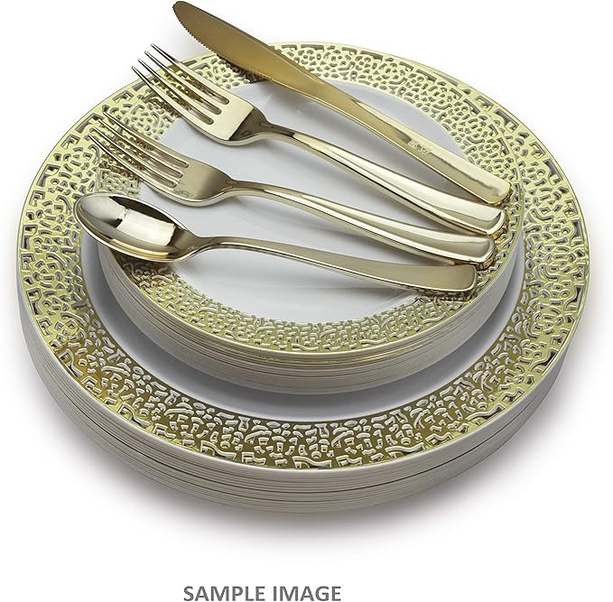 OCCASIONS 240 Plates Pack,(120 Guests) Heavyweight Premium Wedding Party Disposable Plastic Plates Set -120 x 10.25'' Dinner + 120 x 7.5'' Salad/Dessert (Florence White/Gold)