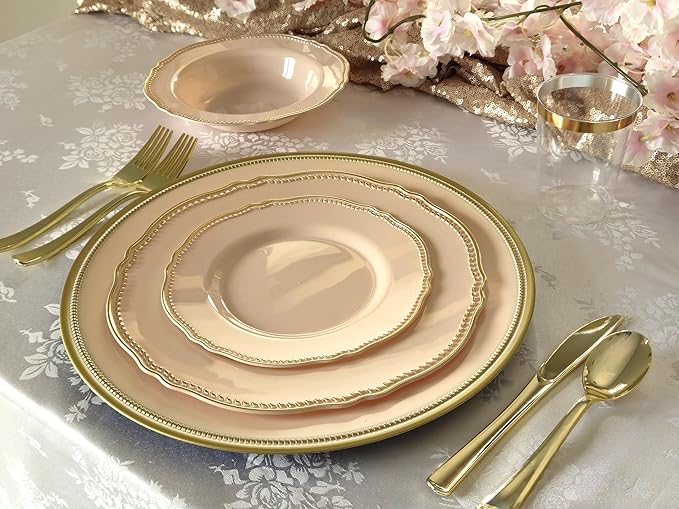 " OCCASIONS " 50 Plates Pack (25 Guests)-Heavyweight Wedding Party Disposable Plastic Plate Set -25 x 10.25'' Dinner + 25 x 7.5'' Salad/dessert plates (Rochelle Antique Rose and Gold)