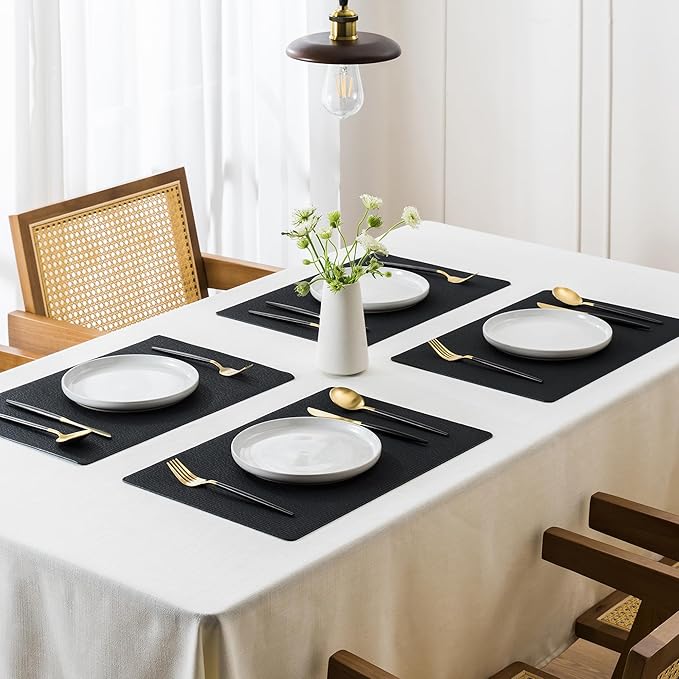 Jovono Faux Leather Placemats Set of 4, Waterproof Washable Table Mats, Easy-Clean Heat Resistant Kitchen Vinyl Place Mat for Dining Table, Restaurant, Indoor, 17.8"x11.8", Black