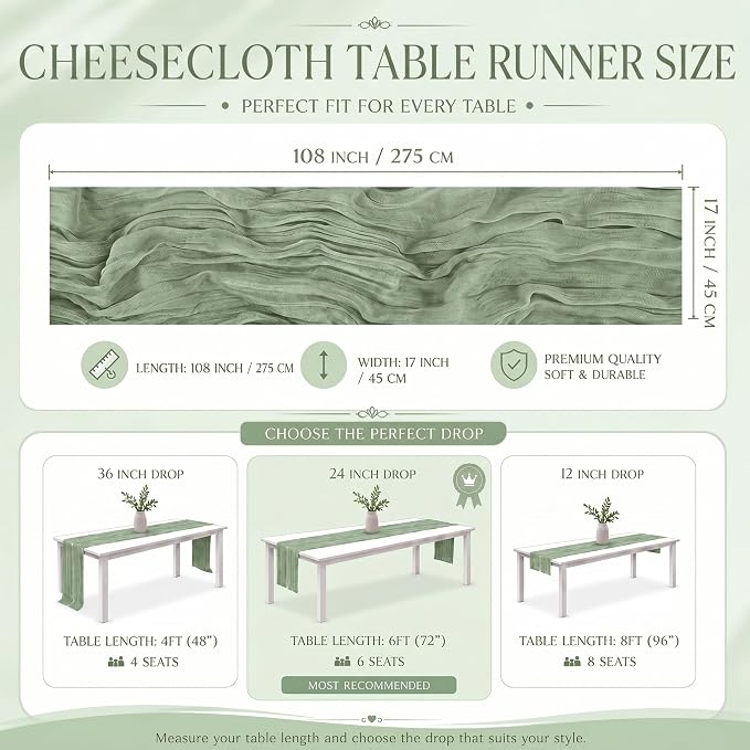 12 Pack Sage Green Cheesecloth Table Runner 17x108 Inch Boho Rustic Semi Sheer - Image 4
