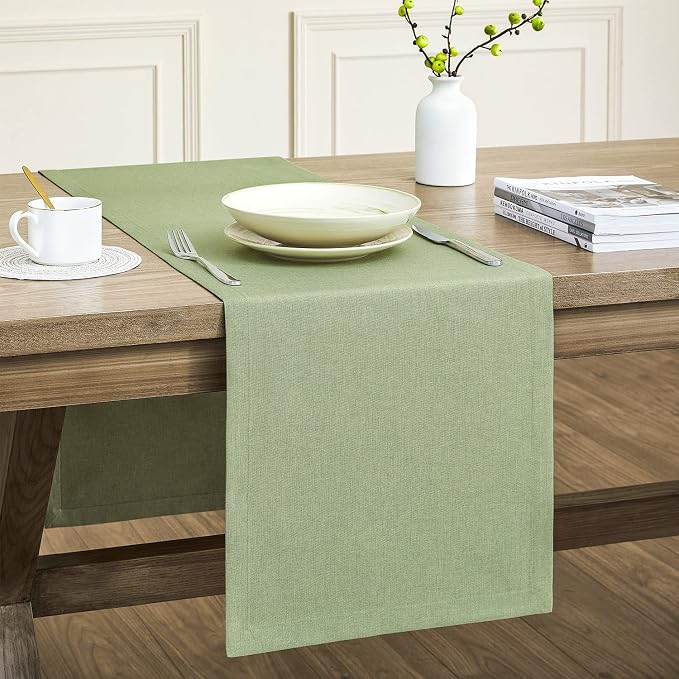 Basic Linen Style Table Runner, 14x90 Inch Sage Green | Mitered Corner Design by ZEEMARTONLINE
