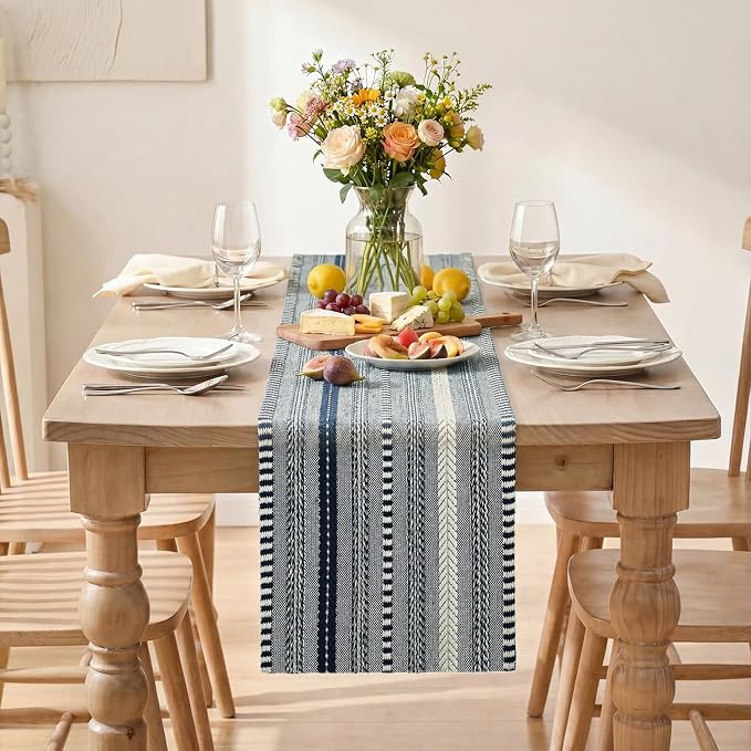 Artoid Mode Dark Blue Farmhouse Stripe Braided Table Runner 12x48 Inch | - Image 2