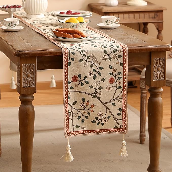 Designer French Linen Extra Long Table Runner, Floral Pattern, Dining Table - Image 2