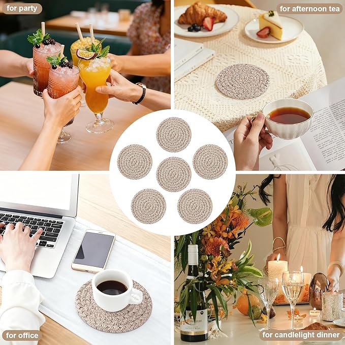 OIAHOMY 10 Pcs Drink Coasters with Holder, Boho Cotton Woven Coaster Set, Absorbent Coaster Protection for Various Cups, Ideal for Coffee Tables Home Decor and Gift, 4.3 Inches,Mixed Brown