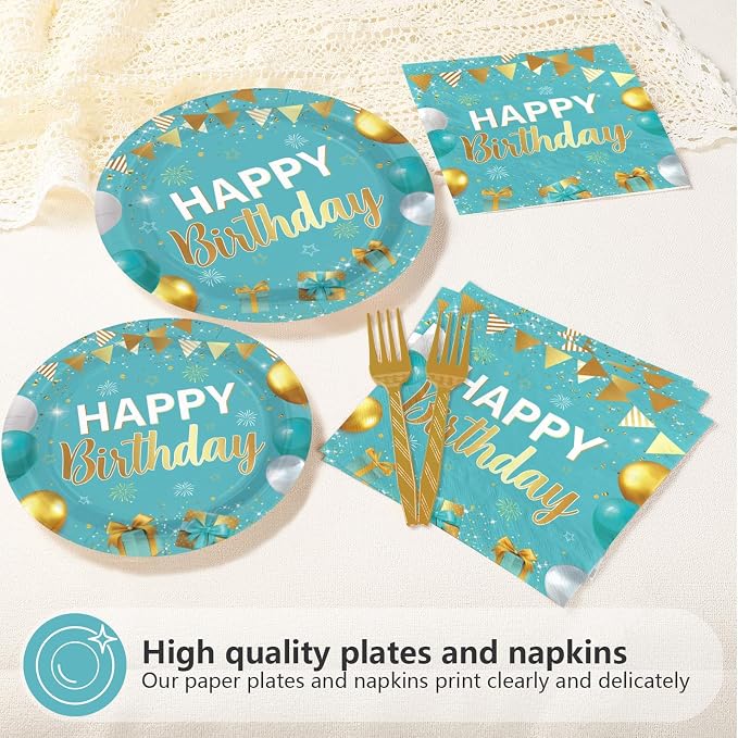 96Pcs Teal Blue Gold Birthday Party Decorations, Serves 24 | Teal Blue Gold - Image 4