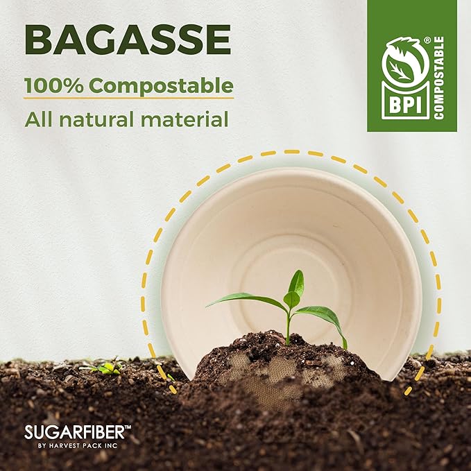 [500 COUNT]Harvest Pack PFAS FREE 32oz Compostable Round Paper Bowls, Heavy-Duty Eco-Friendly Disposable Bagasse Large Soup Bowls, sugarcane made for Meal Prep Takeout Dinnerware, Microwave Safe