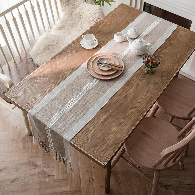 Farmhouse Table Runner, Embroidered Striped Braided Coffee Boho Table Runner - Image 7