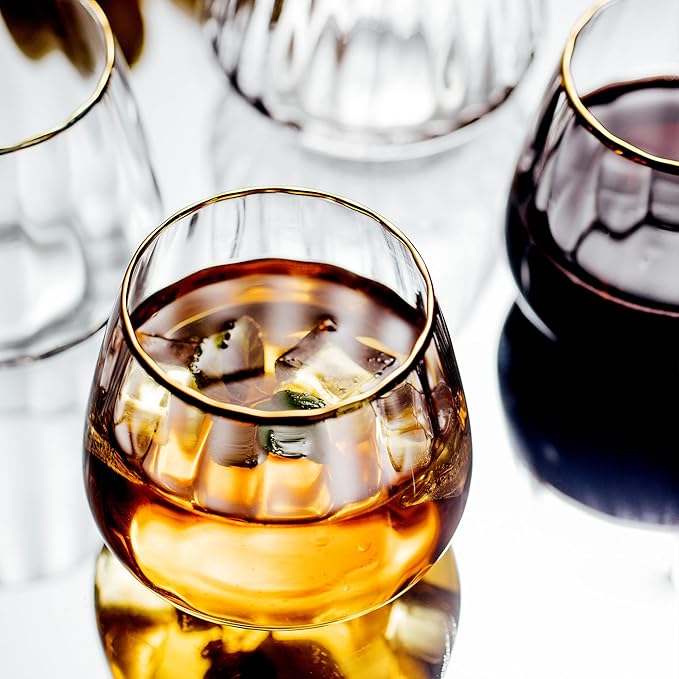 Lysenn Stemless Wine Glasses Set of 4 - Premium Hand Blown Drinking Glasses for White and Red Wine - Elegant Wide Vertical Stripe and Gold Rim Design - Clear 11.8oz