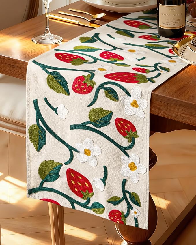 Canvas Embroidered Narrow 13"x 72" Table Runner, Strawberry | Exquisite by Kokaaee