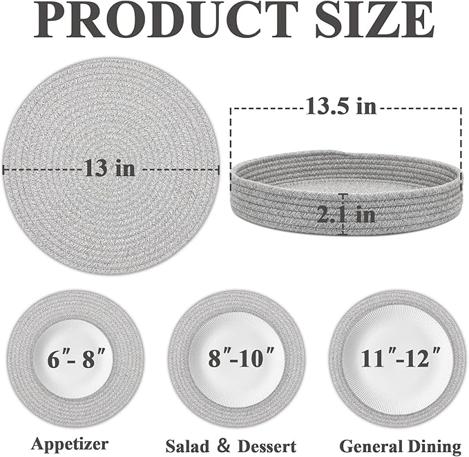 Round Placemats Set of 6 with Holder, Cotton Rope Woven Place Mats, Hot Pads for Kitchen, Heat Resistant Table Mats, 13 Inch Farmhouse Washable Braided Placemat for Kitchen Decor (Gray)