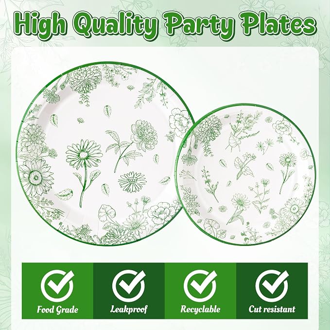 96Pcs Sage Green Floral Party Plates Supplies Green Toile Chinoiserie Flower - Image 3