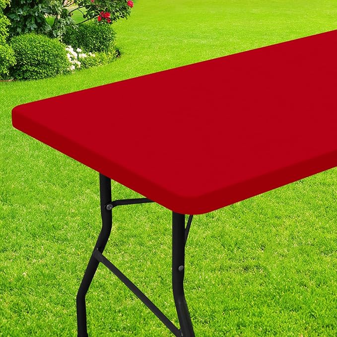 Smiry Rectangle Picnic Table Cloth, Waterproof Elastic Fitted Tablecloths for 8 Foot Tables, Washable Polyester Table Cover for Camping, Indoor and Outdoor (Red, 30"x96")
