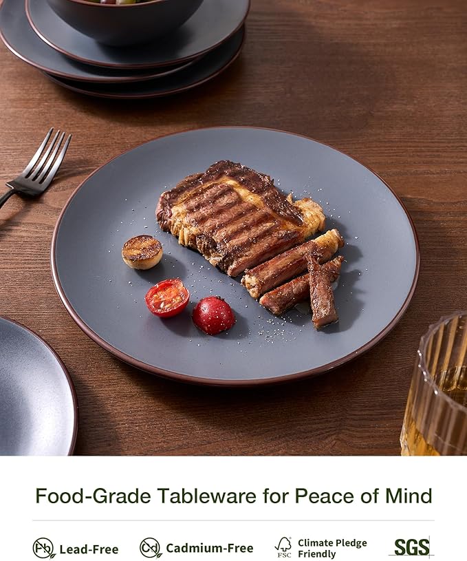 Famiware Venus Speckled Dinnerware Set with Pasta Bowls, Service for 6 (24 Pieces), Stoneware Plates and Double Bowls Sets, Microwave & Dishwasher-Safe Dishes with Trim, Matte Charcoal