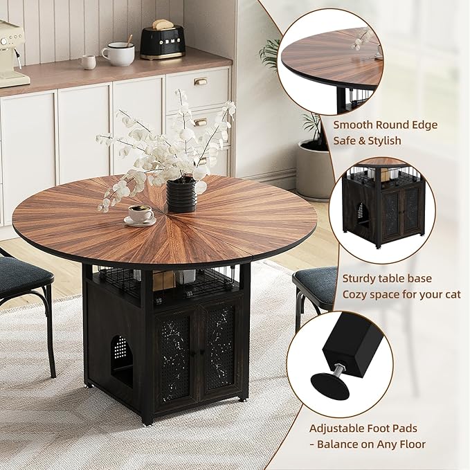 47" Round Dining Table Set for 4-6 People, Large Farmhouse Kitchen Dining Table Set with Chairs and Storage Rack, Metal Base Round Table for Home Dining Room Living Room (Cat table and 2 black chairs)