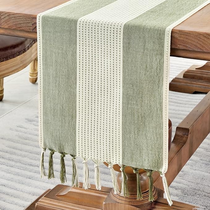 Wracra Linen Table Runner, Stripe Table Runners 36 Inches Sage Green | Delicate by Wracra