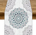 Boho Flower Table Runner, Bohemian Turquoise Mandala White Teal Floral Kitchen by JanJCurt