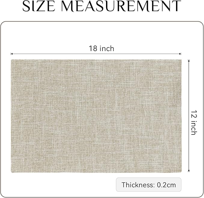 Softalker Faux Linen Placemats Set of 12-12 x 18 Inch, Heat Resistant Double Layered Durable Burlap Farmhouse Place Mats, Non-Slip Washable Rustic Table Mats for Dining, Kitchen, Party（Beige