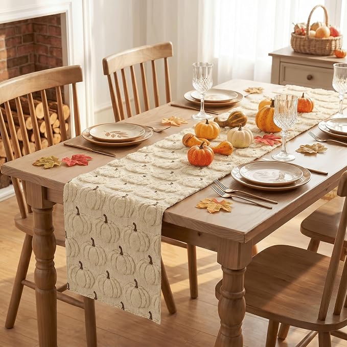 Artoid Mode Beige Soft Faux Fur Fall Table Runner 13x48 Inch | Seasonal Kitchen - Image 4