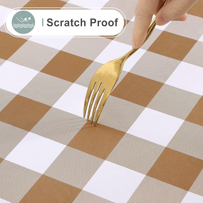 misaya Rectangle Waterproof Vinyl Table Cloth, Buffalo Flannel Backed Tablecloth, Wipeable Plastic Table Cover for Dinner, Kitchen, Outdoor (60" x 102", Brown and White)