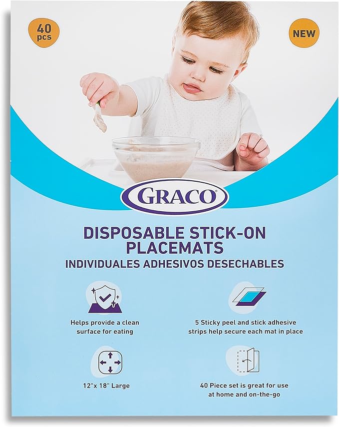 Graco Baby Disposable Stick-On Placemats, 40 Sheets with Assorted Designs, 12" x 18", Adhesive Table Mats for Mealtime, Home & Restaurant Use, Eco-Friendly