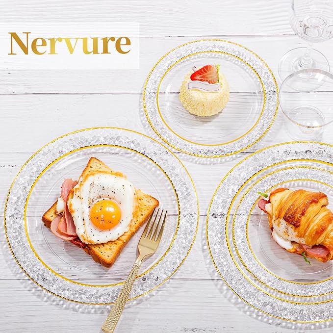 Nervure 150Pcs Clear Plastic Plates with Gold Hammered Silverware include 25Dinner Plate, 25Dessert Plate, 25Knives, 25Forks, 25Spoons and 25Cups for Wedding & Parties & Thanksgiving