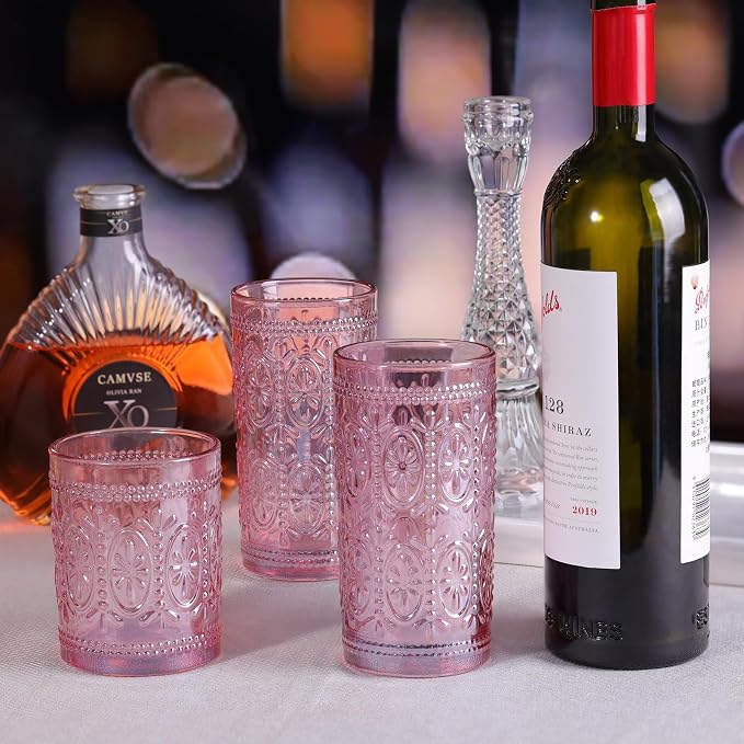 abrwyy Pink Glassware set of 4, Vintage Drinking Glasses, 10oz Pink Heavy Duty - Image 4