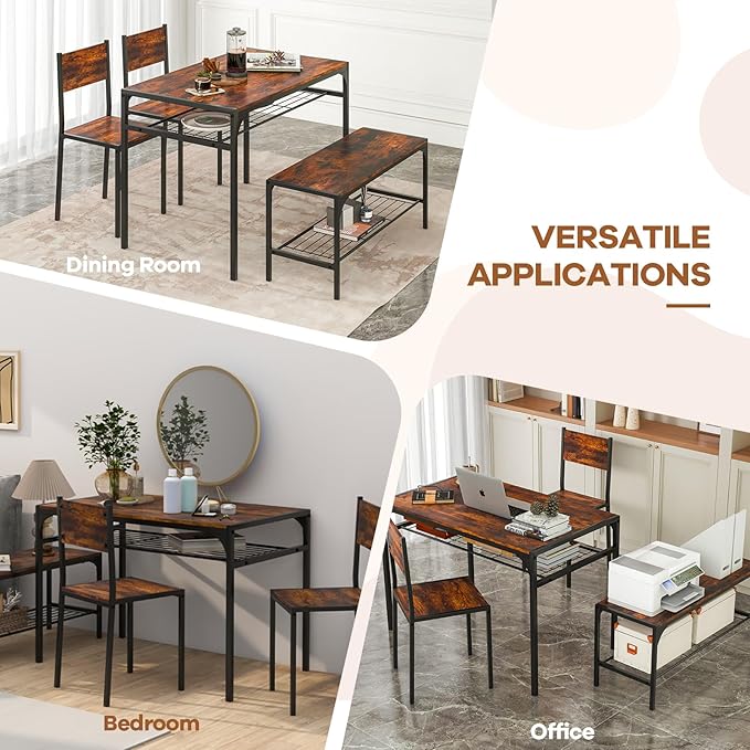 NAFORT Dining Table Set for 4, Kitchen Table with 2 Chairs and Bench, Rustic Wood Dining Set with Metal Storage Shelf, 4-Piece Space-Saving Dinette Sets for Kitchen&Dining Room, Apartment