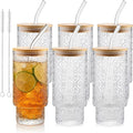 Vintage Glass Cups With Bamboo Lids And Straws 16 Oz, Vintage Tumbler Embossed by Elitrivox