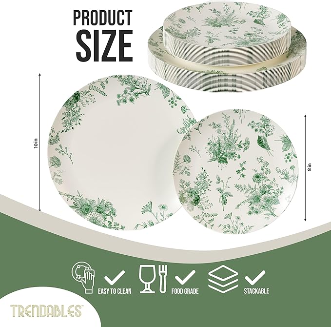 Trendables 80 Piece Plastic Disposable Plates Set For 40 Guests I 40 X 8 Inch Dessert Plates & 40 X 10 Inch Wedding Party Plates | Ivory & Green Verdure Design