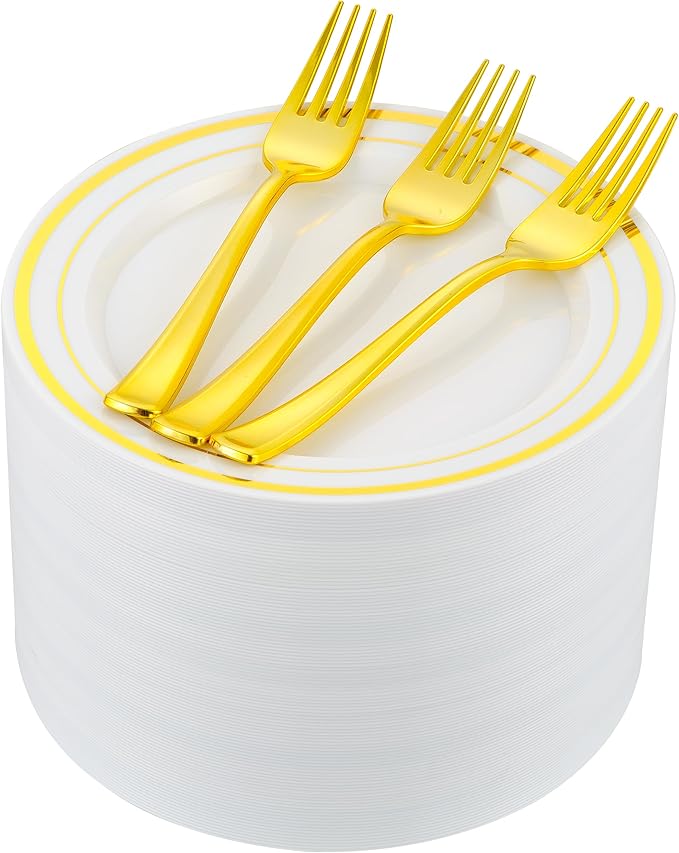 200pcs Gold Dessert Plates with Forks for 100 Guests-100pcs 7.5" Small Plastic Dessert Plates and 100pcs 7.4" Forks-Disposable Cake/Appetizer/Salad Plate for Wedding/Birthday/Party