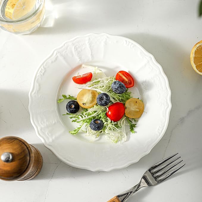 Embossed Ceramic Appetizer & Dessert Plates, 7.5 inch Small Salad Plate, Small White Plates for Cake Waffles Snacks Side Dish, Round Dinnerware Sets, Dishwasher & Microwave Safe - Set of 8