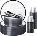 N9R 600PCS Clear and Black Disposable Plates Set, Heavy Duty Plastic Dinnerware Set for 100 Guests Includes 100 Dinner & Dessert Plates, Cups, Spoons, Forks, and Knives, Perfect for Parties, Weddings