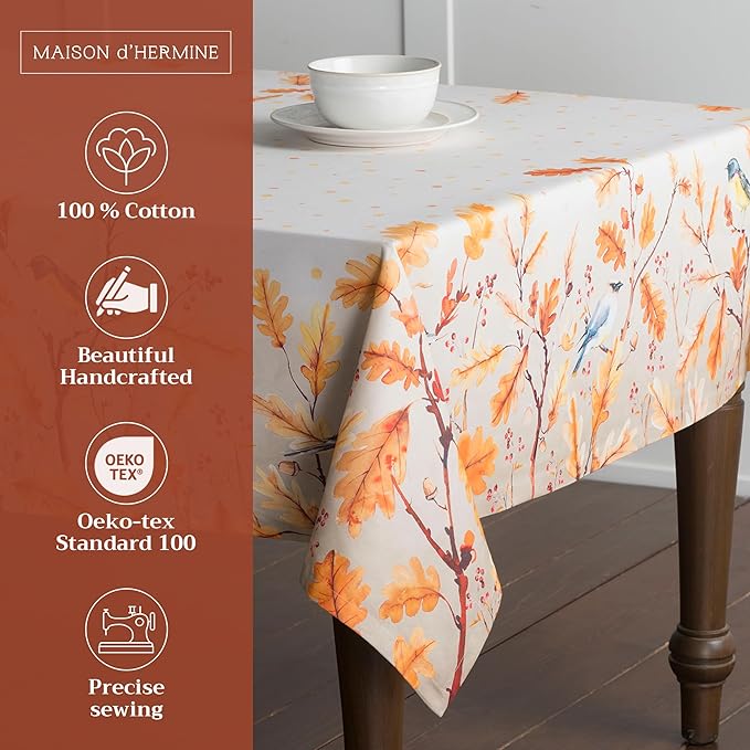 Maison d' Hermine Table Cloth Rectangle Table 100% Cotton 60 x 120 Inches Fall Tablecloth Reusable Everyday Use for Thanksgiving Christmas Decorations Dining Farmhouse Party (Oak Leaves)