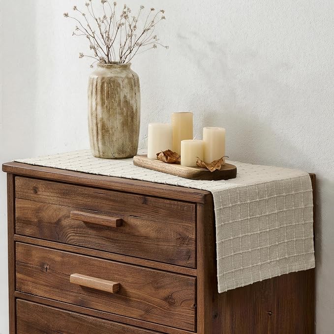 Artisanal Grid Linen Table Runner, 13x48 Inches Neutral Beige | Heavy Textured - Image 3