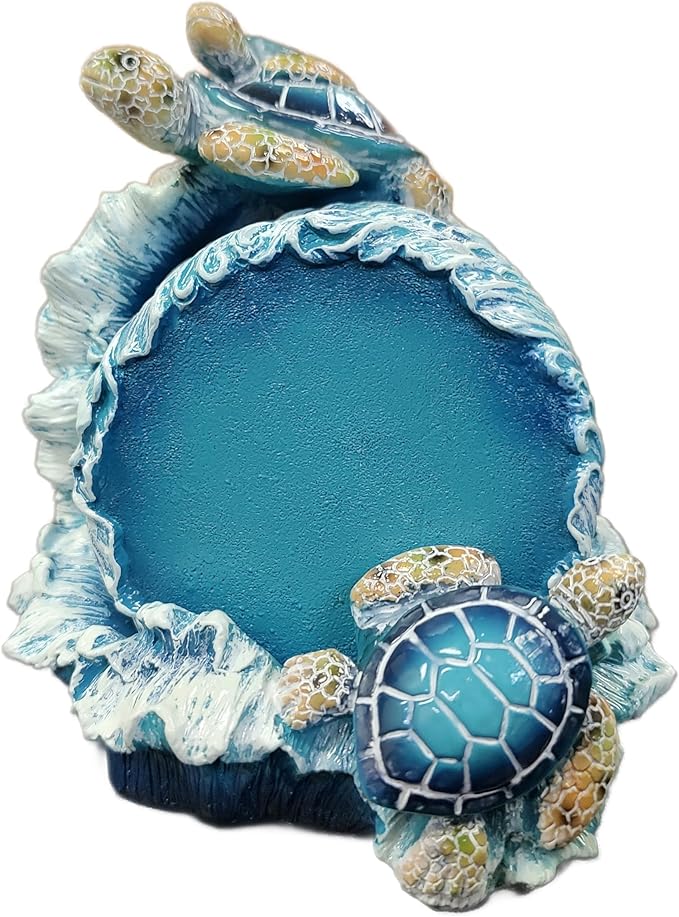 De Leon Collections Round 4-Piece Coaster Set With Decorative Holder, 3.5 Inch Polyresin, Blue Sea Turtles