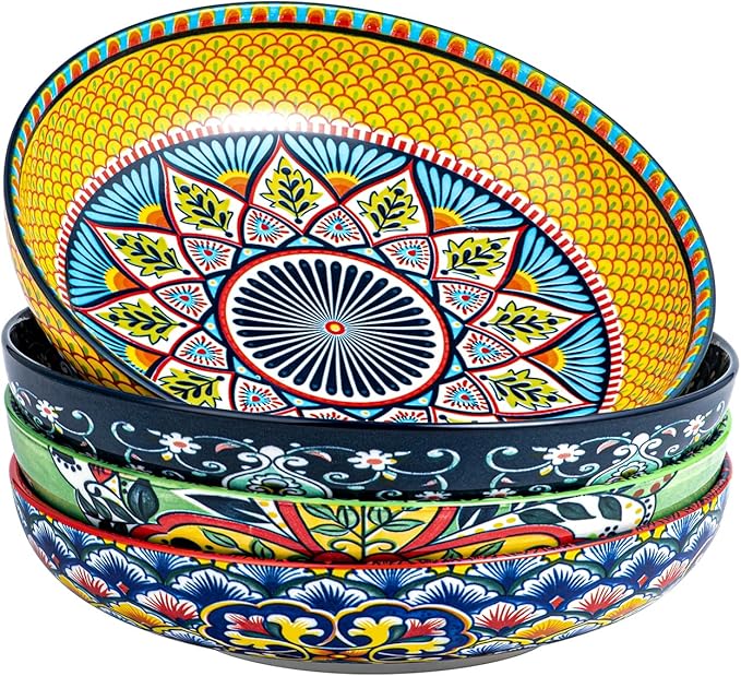 HENXFEN LEAD 33 oz Ceramic Pasta Bowls Set of 4, 8 Inch Wide & Shallow Bowls – Colorful Serving Bowls for Salad, Soup, Pasta, Microwave & Dishwasher Safe
