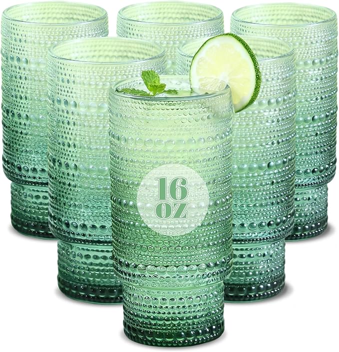 Large Capacity 16 oz Hobnail Drinking Glasses Set of 6, Vintage Glassware by Cowjut
