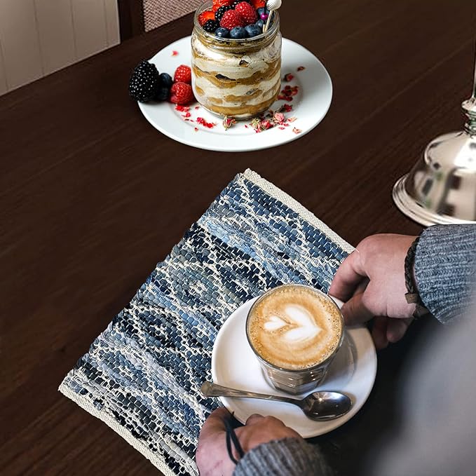 Perilla Home Natural Chindi Jute Placemats Set of 4 Vintage Boho 13x19 Inch Blue-Grey Rectangle Table Mats for Kitchen Dining Room Home Decor Banquets Family Gathering Rustic Placemat (Alexandria)