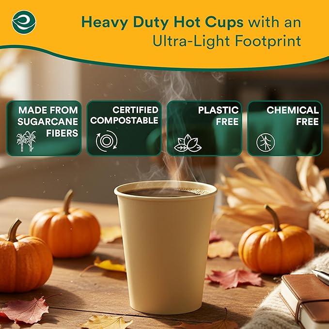 ECO SOUL 100 Pack 8 oz Disposable Coffee Cups Eco-Friendly, Biodegradable, Compostable, Leak-free & Sturdy To Go Hot Drink Travel Bagasse Cup for Tea, Chocolate, Party, Picnic & Cafe, Office & Home