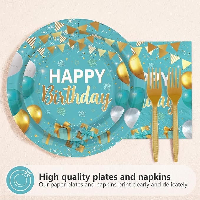 96Pcs Teal Blue Gold Birthday Party Decorations, Serves 24 | Teal Blue Gold - Image 3