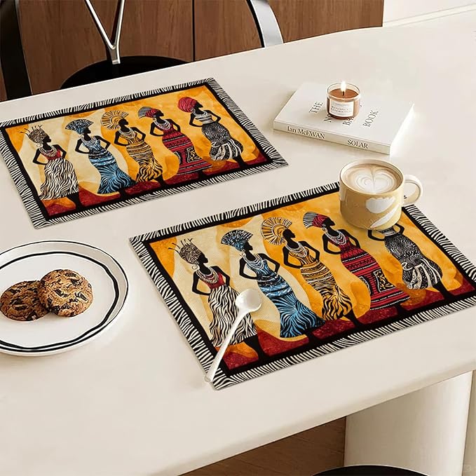 Kwanzaa Placemats Set of 4, African American Christmas Table Mats, Black Women Washable Place Mats for Coffee Bar Home Party Indoor Kitchen Dining Table Decoration 12x18 Inch