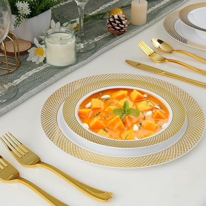 JOLLY CHEF 100 Disposable Plastic Bowls, 12oz Heavy Duty Disposable Dinner Bowls, Dessert Bowls with Gold Rim for Party, Dinners, Catering, Thanksgiving and Everyday Use