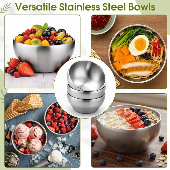 12 Pack Stainless Steel Bowls Bulk SUS304 Double Wall Insulated Bowls Matte Brushed Metal Soup Bowl for Rice Salad Noodle Snack Cereal Ice Cream Serving Mixing Prep (28 oz)