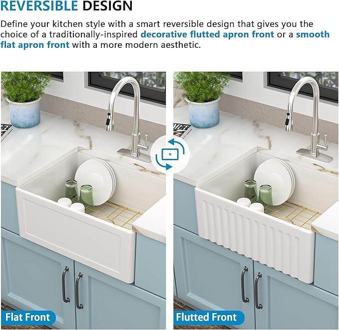 24"x18" White Farmhouse Sink – Reversible Apron Front, High-Gloss Porcelain Ceramic Fireclay Single Bowl Small Kitchen & Bar Farm Sink Basin