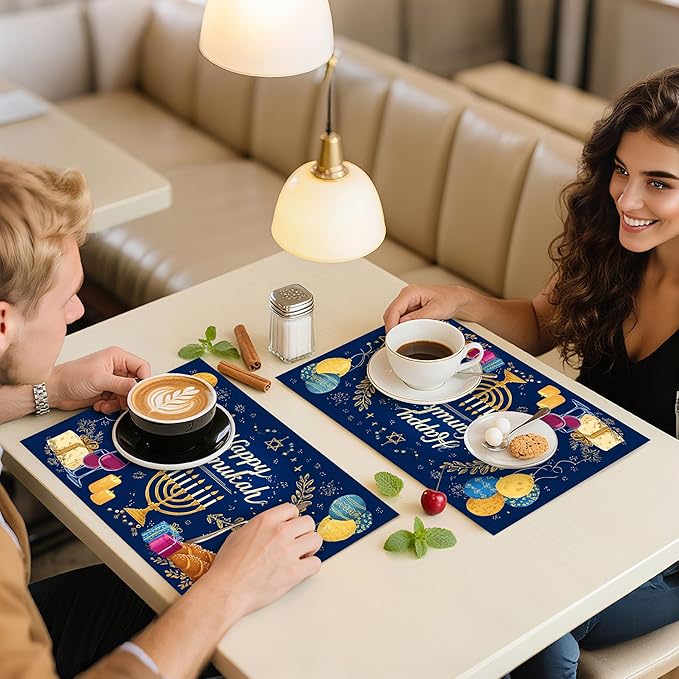 Hanukkah Placemats Set of 4 Washable Table Place Mats for Dining Kitchen Party Decor