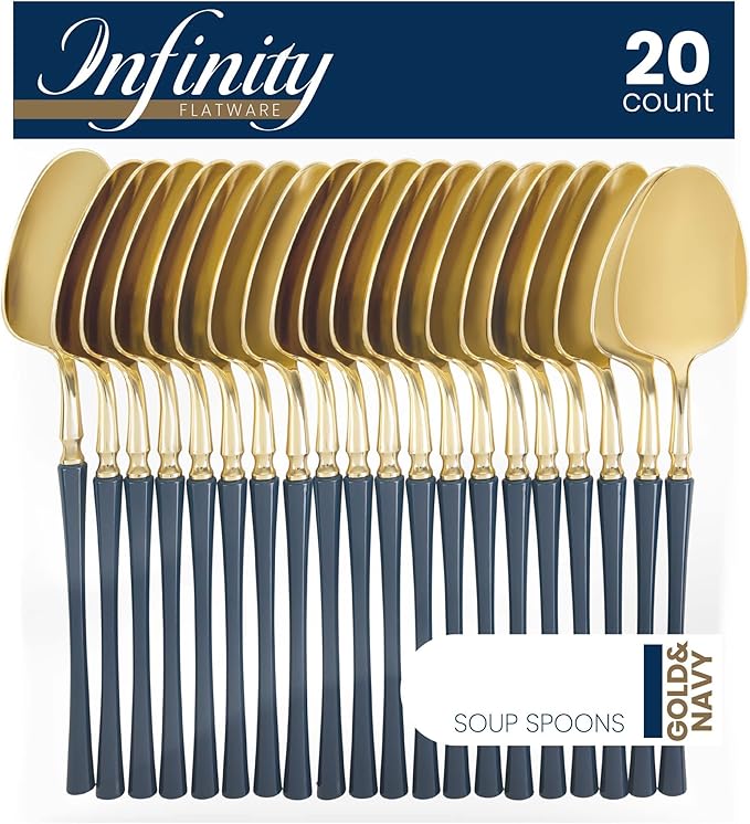 PlasticPro 20 Count Gold and Navy Plastic Soup Spoons Premium Quality Heavy Duty Disposable Elegant Silverware Two Tone Soup Spoons for Party