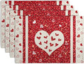 Valentine Hearts Placemats Set of 4, 12x18 Inch Red White Love Heart Linen Table Mats Romantic Wedding Heat Resistant Washable Place Mat for Party Kitchen Dining Outdoor Indoor Decor