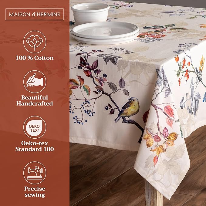 Maison d' Hermine Table Cloth Rectangle Table 100% Cotton 54 x 72 Inches Fall Tablecloth Reusable Everyday Use for Thanksgiving Christmas Decorations Dining Farmhouse Party (Equinoxe - Beige)