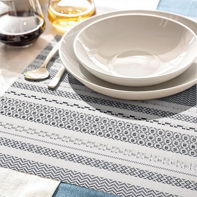 FAVE Boho Vinyl Placemats Set of 4, Durable Woven Place Mats Washable Heat Resistant PVC Table Mats for Parties,Weddings, Dining,Banquet(Gray, 4PCS)