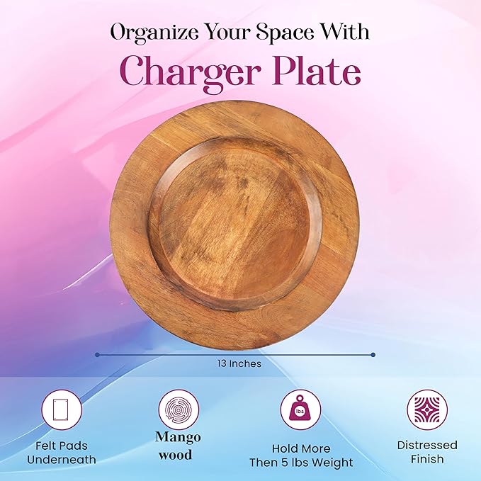 Alpha Living Home Wood Charger Plate Set of 2 - Round Serving Platters Rustic Chargers for Home Décor Charcuterie Appetizer & Dining - Hardwood Platter Handcrafted Versatile Durable 13 inch (Brown)